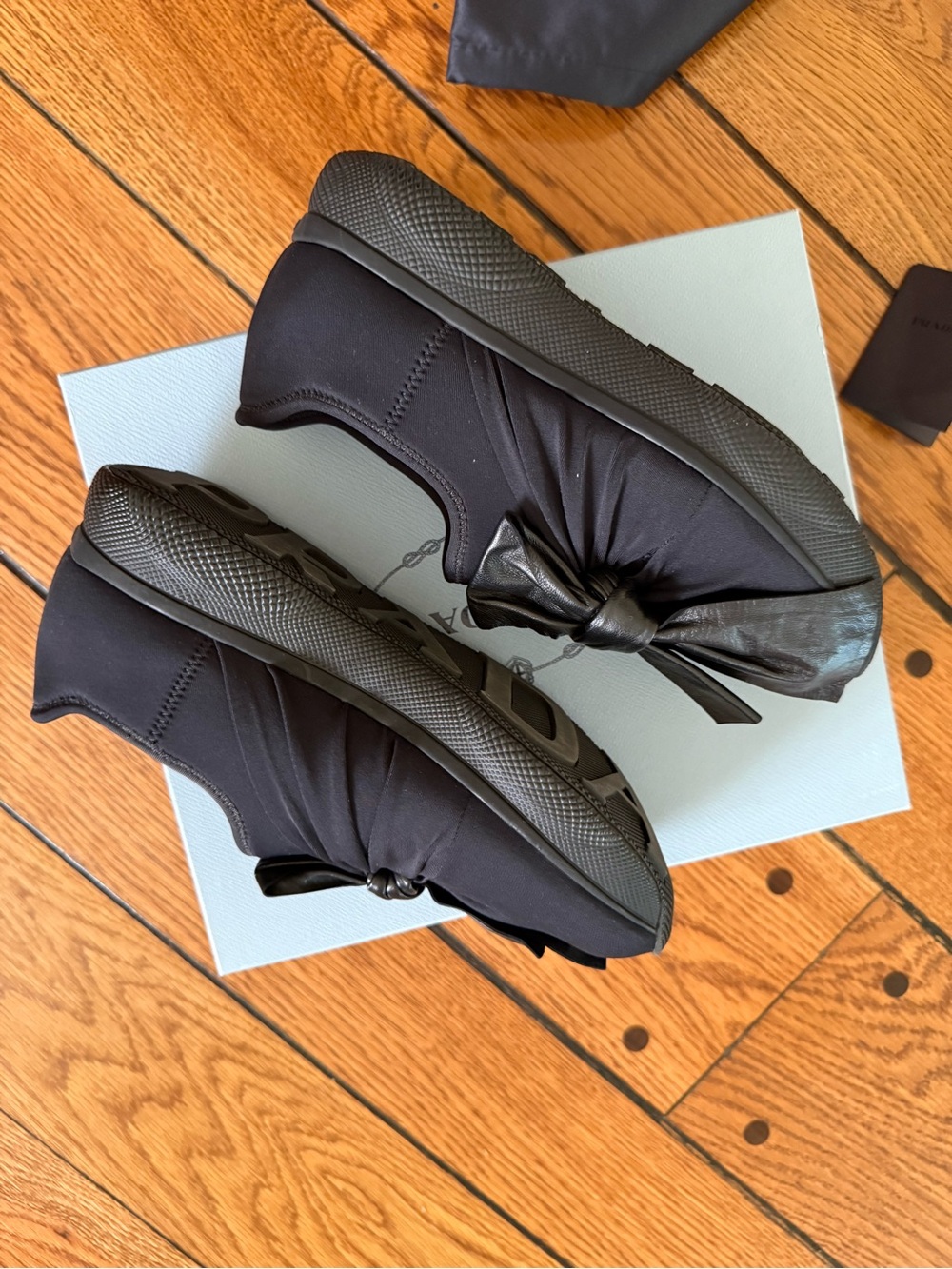 Prada Black Satin Slip-On Sneakers with Metallic Black Bow New - Picture 4 of 5